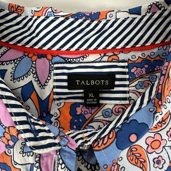 Talbots XL Classic Cotton Button Down Shirt Royal Palm Paisley Orange Blue - Picture 8 of 12